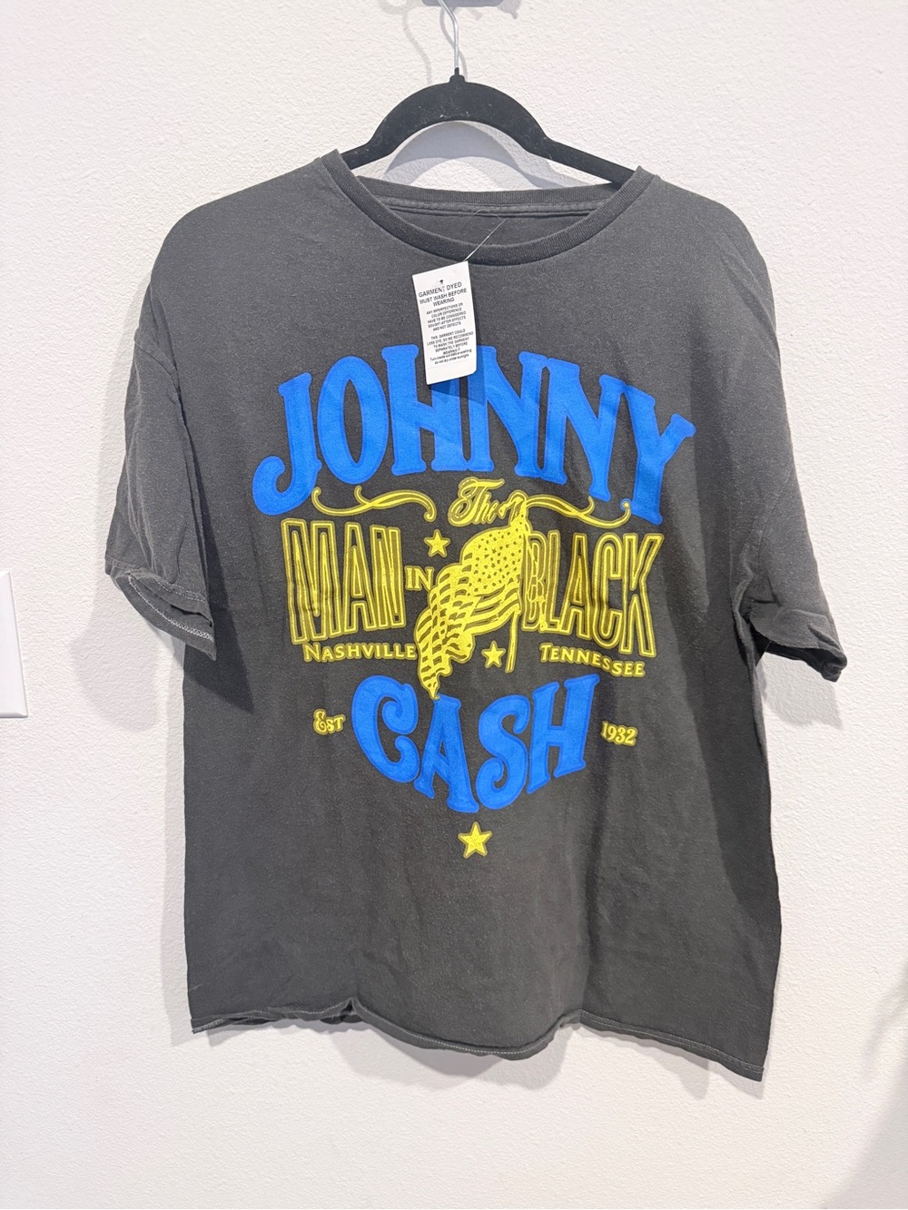 Urban Outfitters Black Johnny Cash Graphic Tee with Blue & Yellow Print